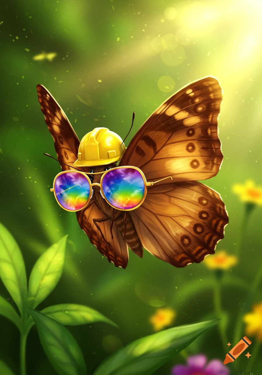 A brown butterfly wearing a yellow construction hat and rainbow sunglasses, bathed in sunlight amidst green foliage.