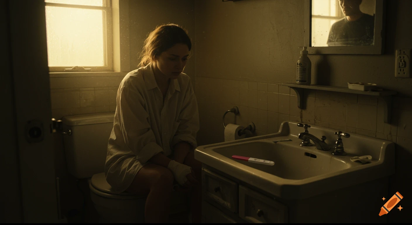 A tired woman sits on a toilet in a dimly lit bathroom, a pregnancy test on the sink and a man reflected in the mirror. Photorealistic.