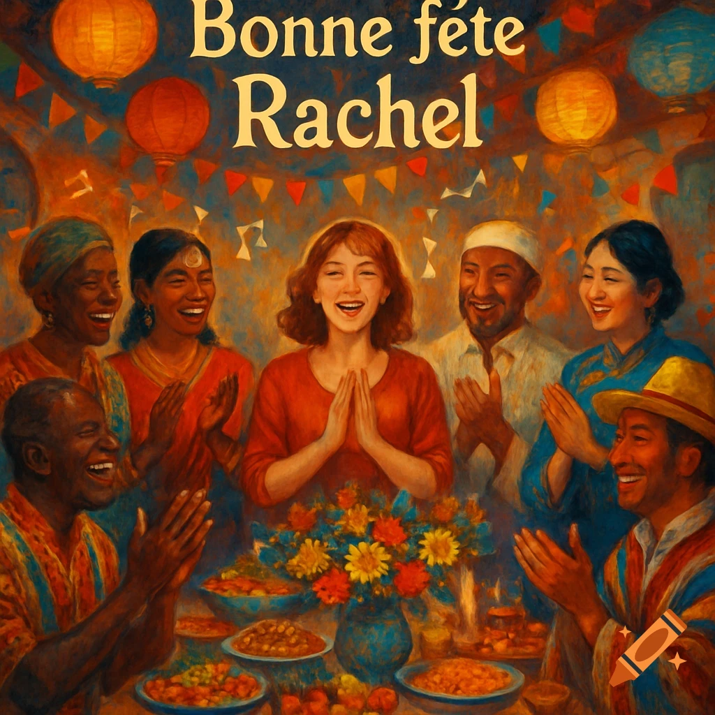 A vibrant painting of a diverse group of people celebrating around a table filled with food, with the text "Bonne f te Rachel" at the top. Most are smiling and clapping.