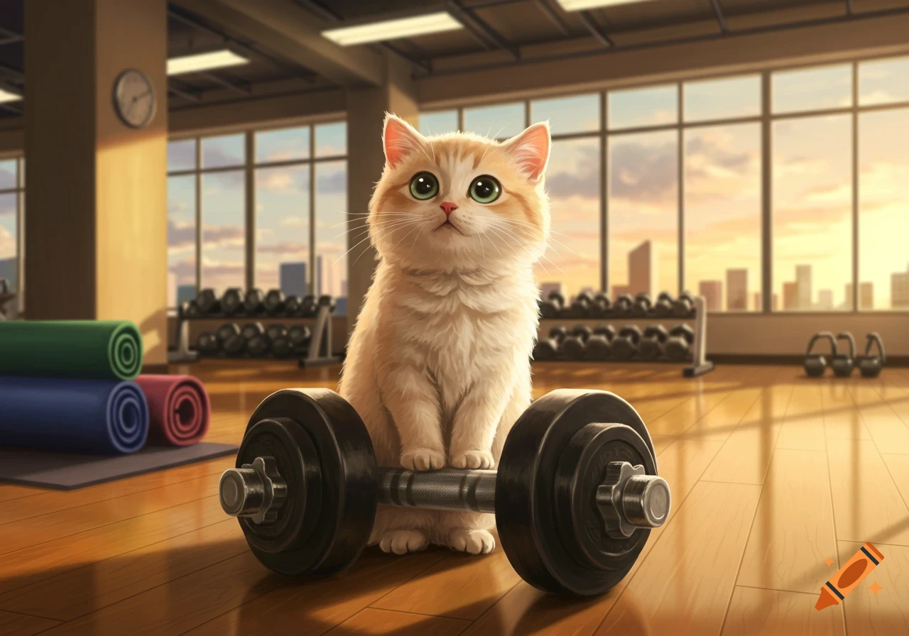 A cute, fluffy orange cat with large green eyes sits on a barbell in a brightly lit gym with city views at sunset.