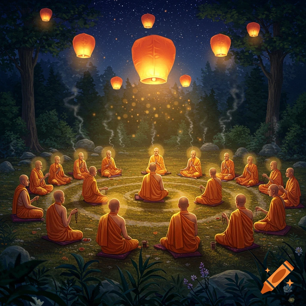 Monks meditating in a forest at night under floating lanterns with glowing halos, serene spiritual scene.
