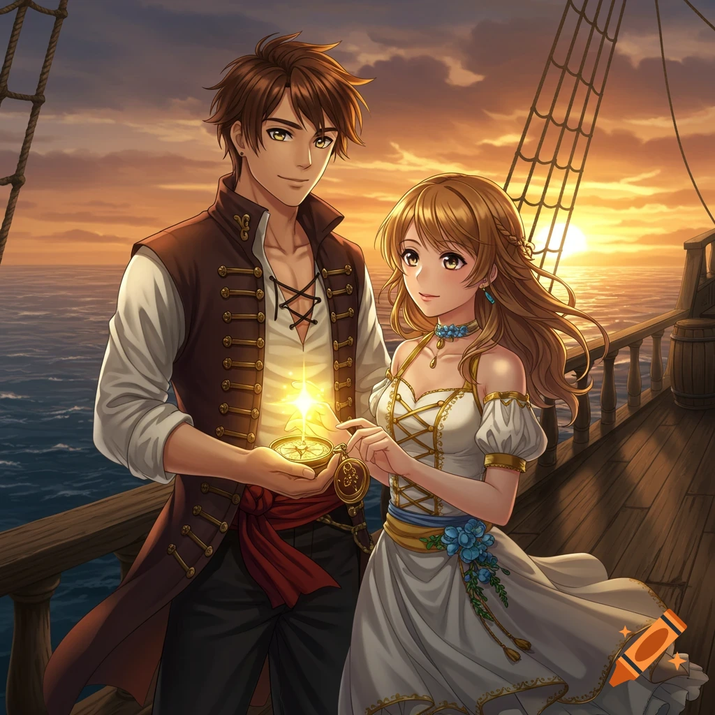 Anime-style illustration of a pirate man and woman on a ship deck at sunset, holding a glowing compass.