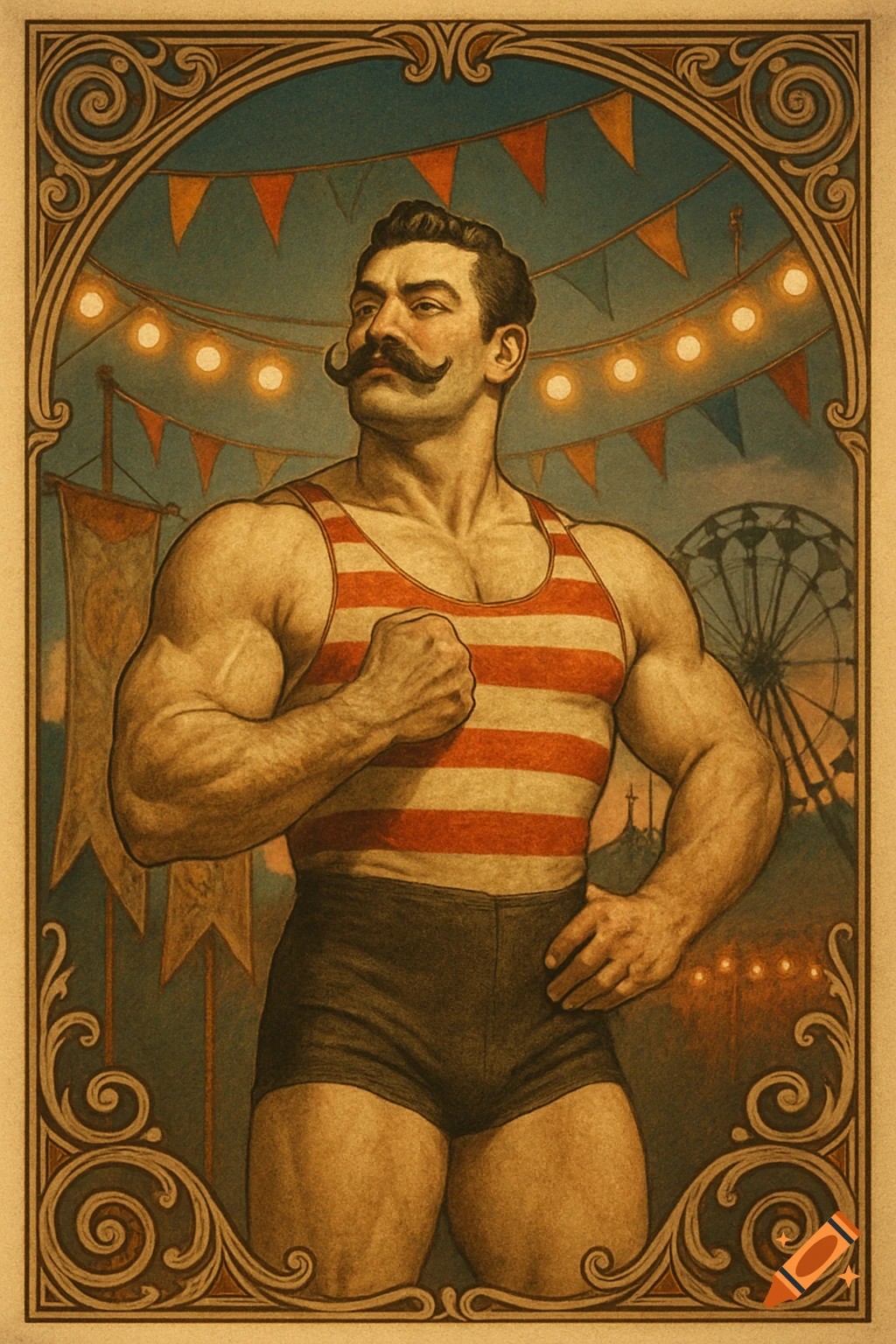 Vintage carnival poster of a muscular strongman with a handlebar mustache, wearing a striped tank top, set against a backdrop of a circus tent and ferris wheel.