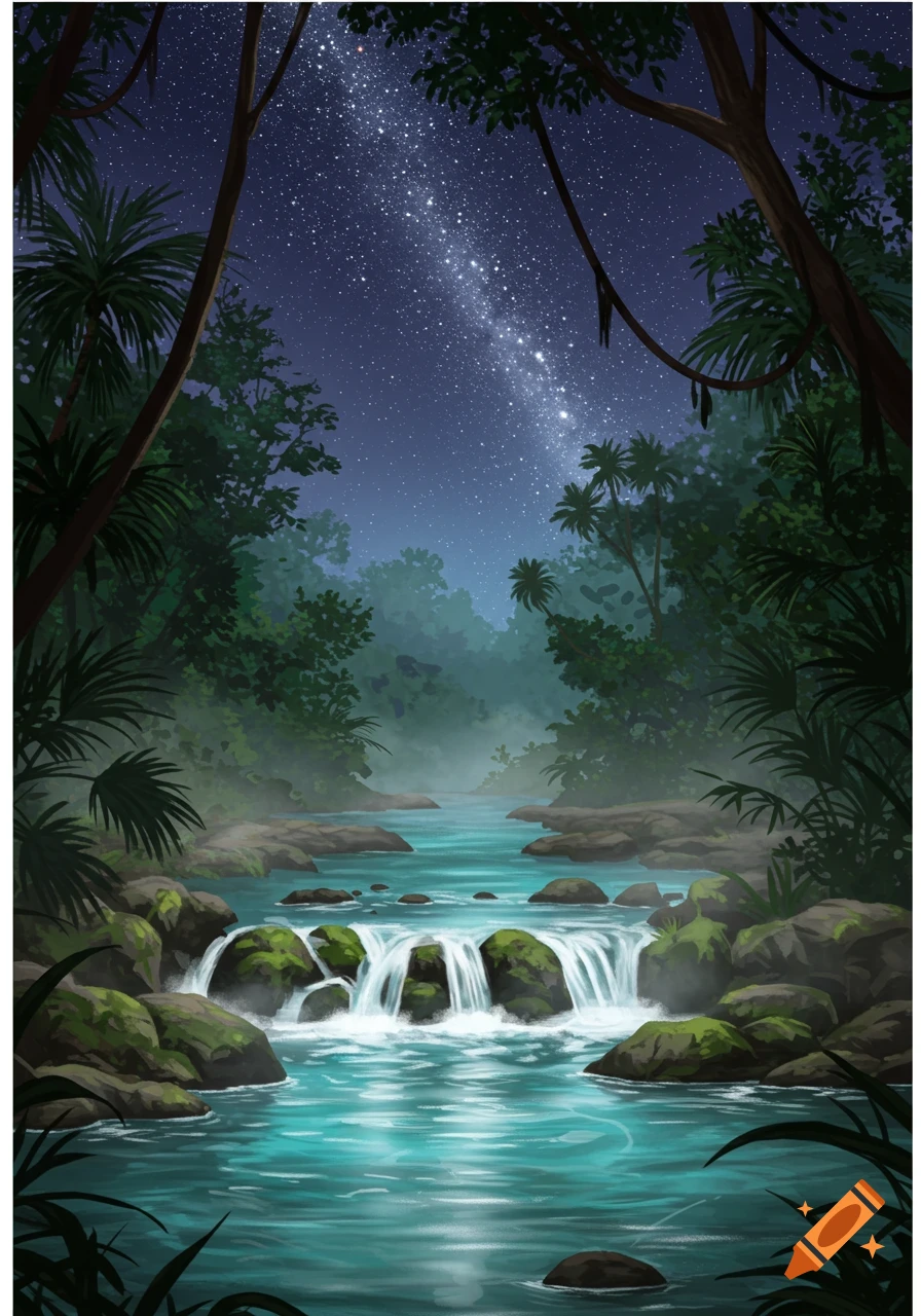 Lush jungle river with waterfalls over mossy rocks at night, under a vibrant starry sky. Illustrative style.