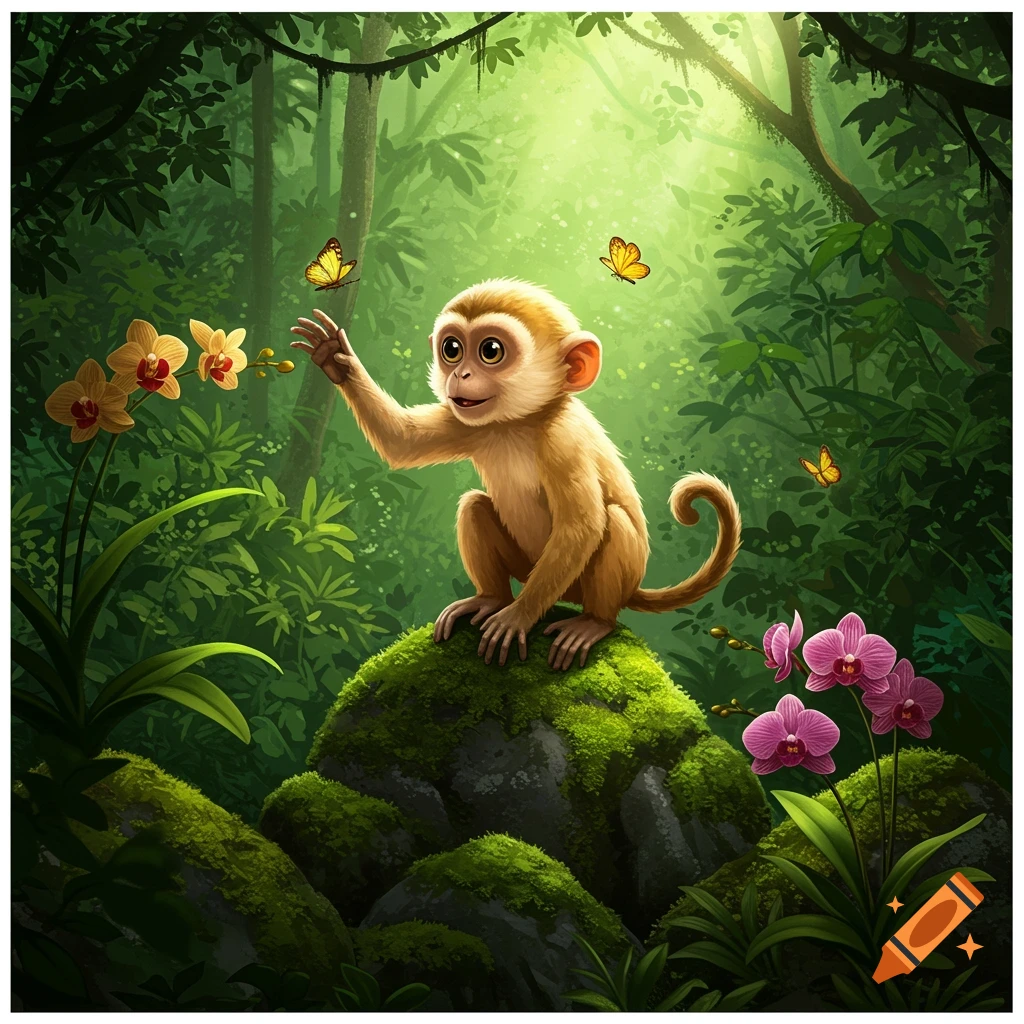 A cute baby monkey with big eyes reaches for a yellow butterfly on a mossy rock in a lush, sunlit jungle with pink and yellow orchids.