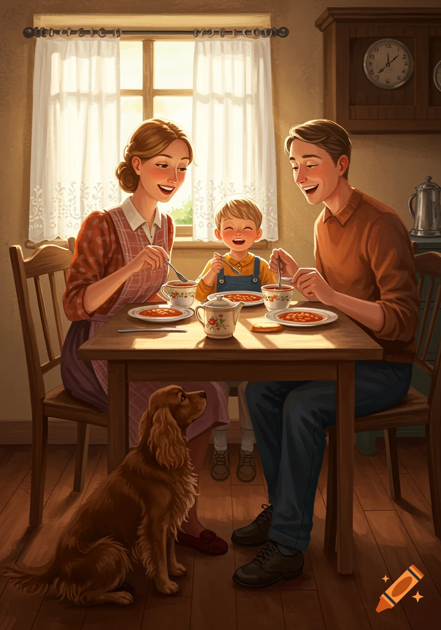 A happy family and their spaniel dog eat baked beans at a sunlit wooden table in an illustration.
