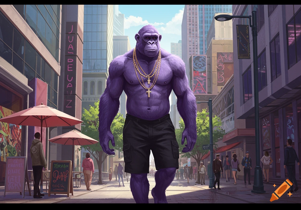 A tall, muscular purple ape wearing gold chains and black cargo shorts walks down a busy city street lined with buildings and people.