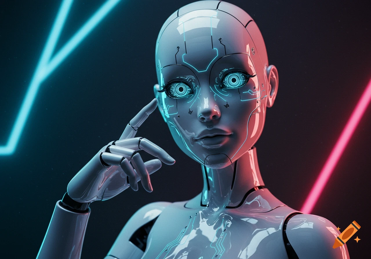 A futuristic white robot with glowing blue eyes and circuitry on its face, set against a dark background with neon lights.
