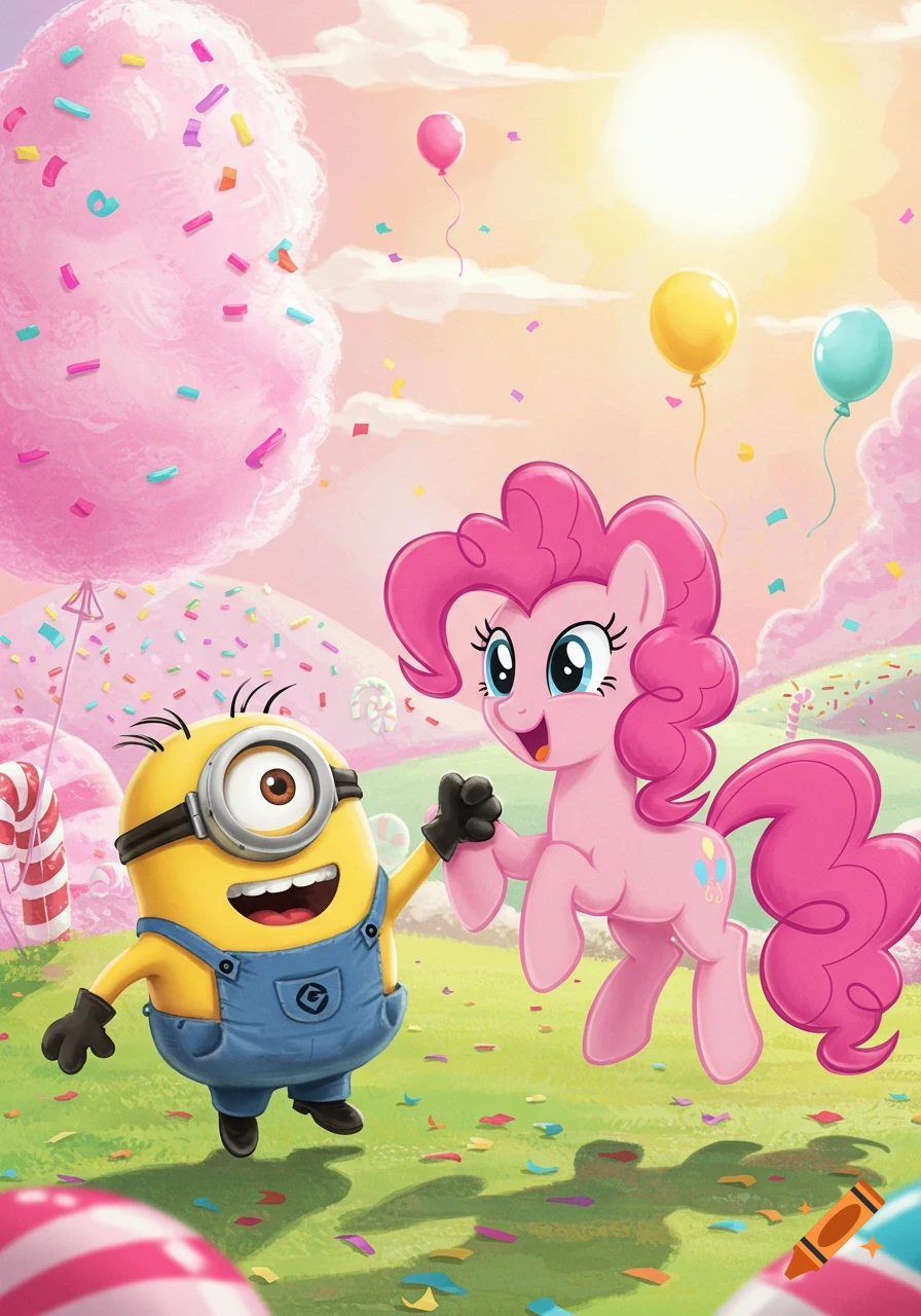 A happy Minion and Pinkie Pie holding hands in a candy-filled fantasy landscape with balloons under a sunny sky.