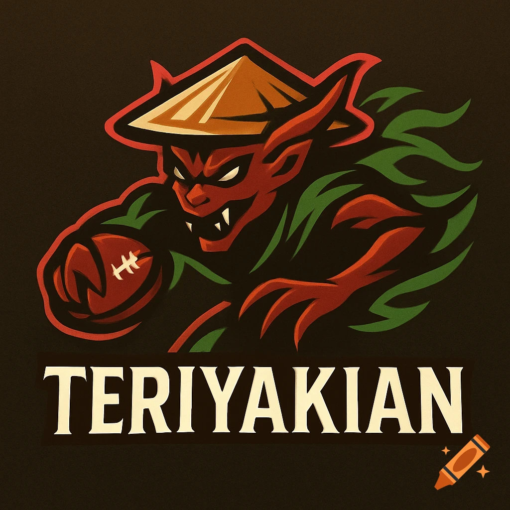 A logo featuring an angry red, horned creature in a conical hat holding a football, with the text 'TERIYAKIAN' below.