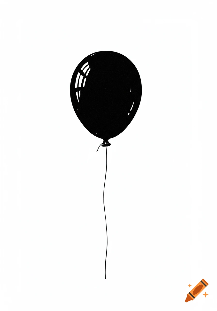A black balloon with a string against a white background, in a minimalist line art style.