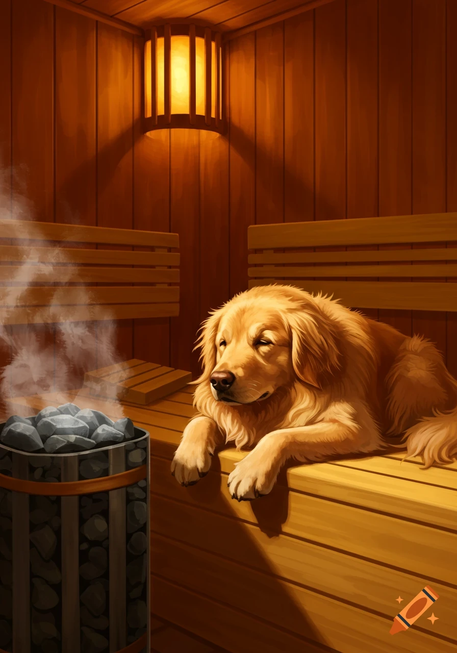 A golden retriever dog lies on a wooden bench in a warm sauna, with steam rising from hot rocks.