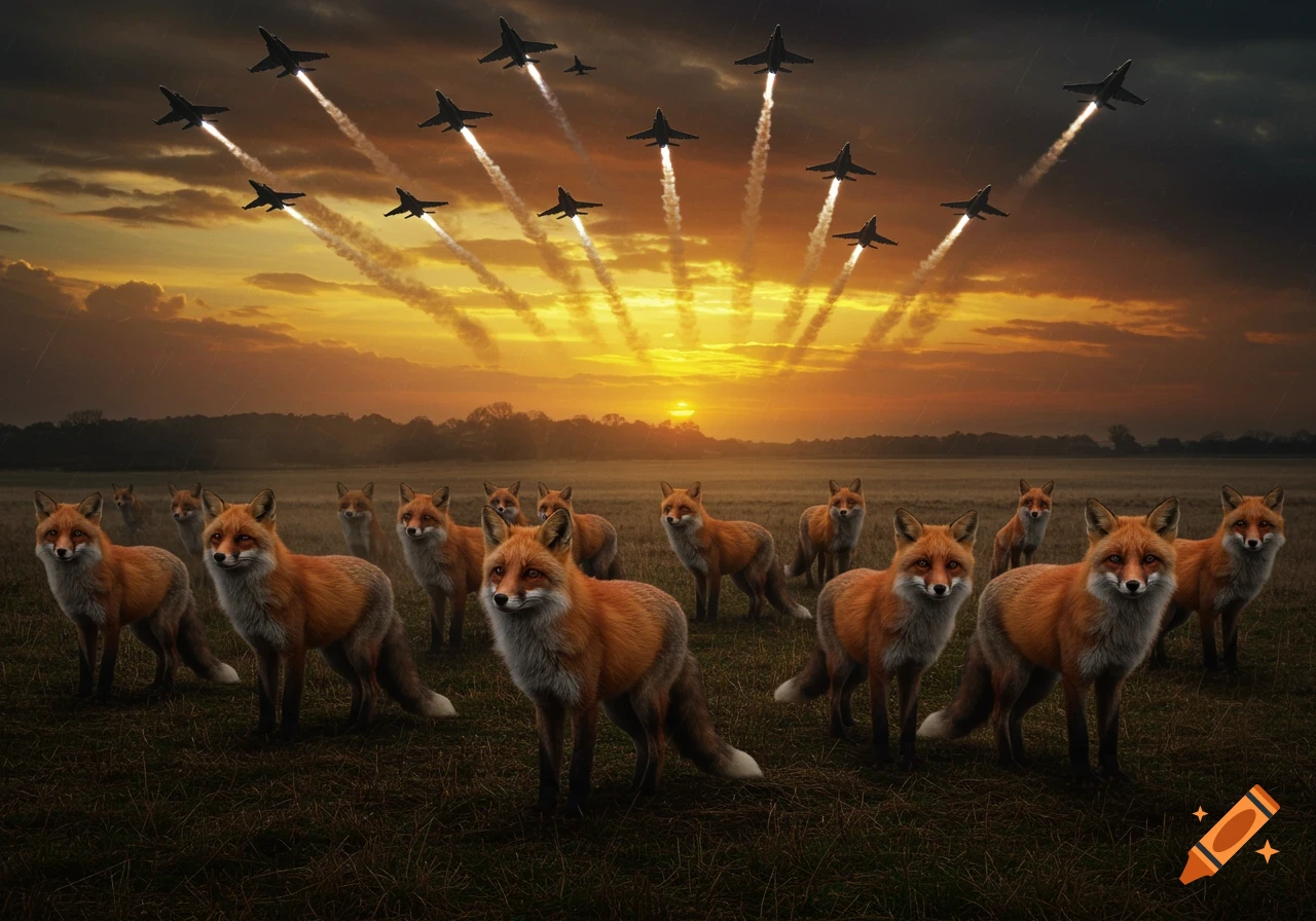 Photorealistic image of many foxes in a grassy field at sunset, with numerous fighter jets flying overhead.