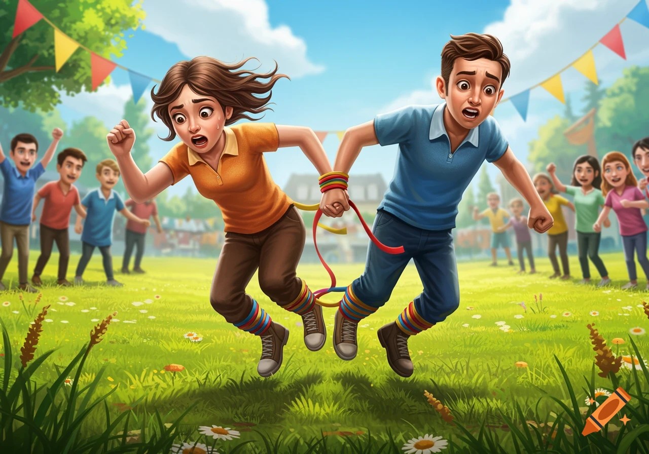 Two children in a cartoon style, tied together in a three-legged race, run with wide-eyed, panicked expressions in a grassy park with spectators.