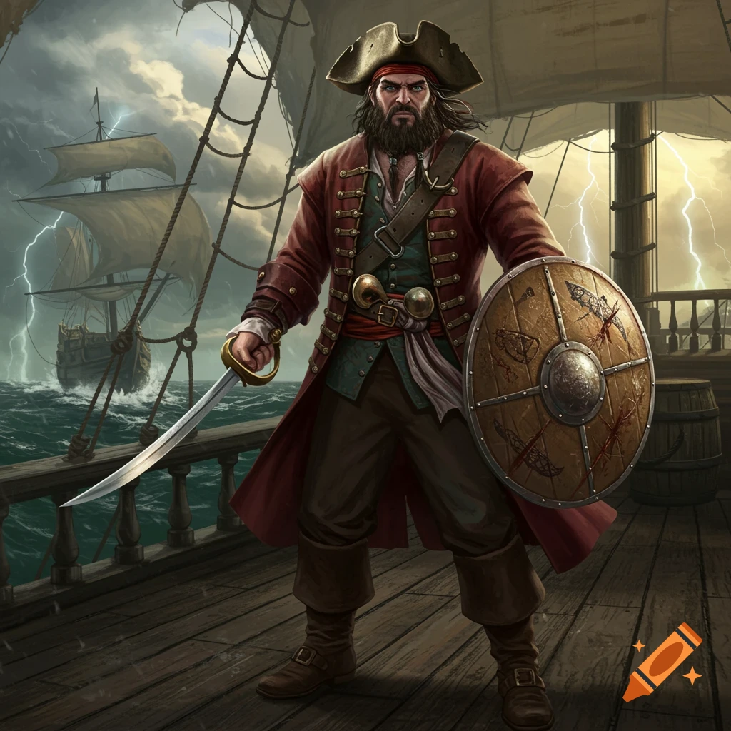 A bearded pirate in a red coat stands on a ship deck, holding a sword and shield, as lightning strikes during a stormy sea.