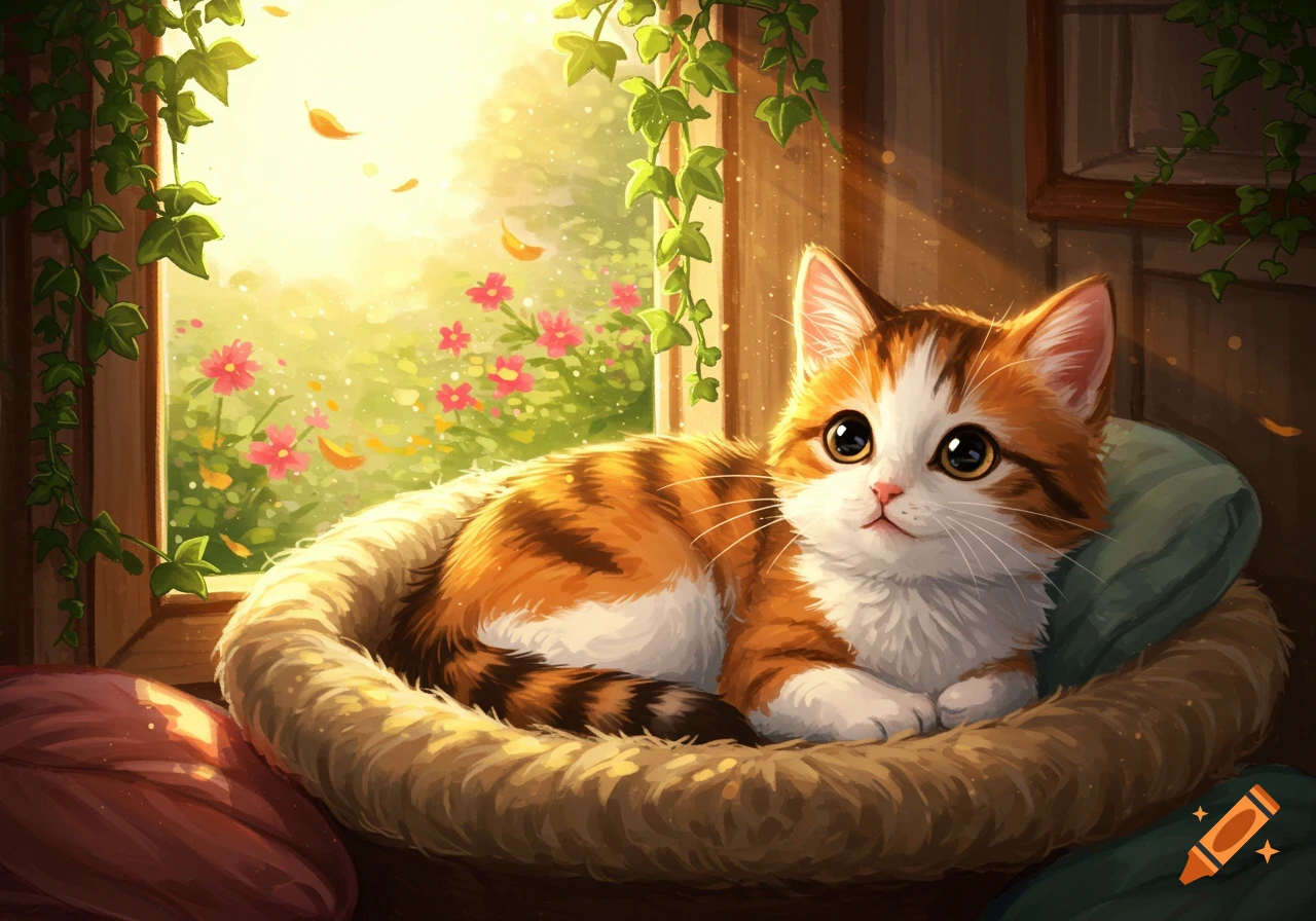 A cute orange and white tabby kitten rests in a woven basket by a sunlit window with green vines and flowers outside, digital art.