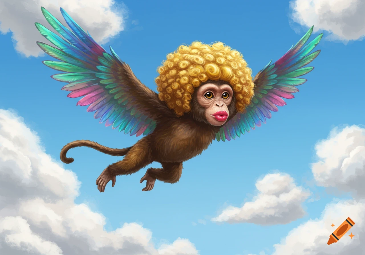 A stylized brown monkey with a golden afro wig, large red lips, and colorful wings flies in a bright blue sky with clouds.