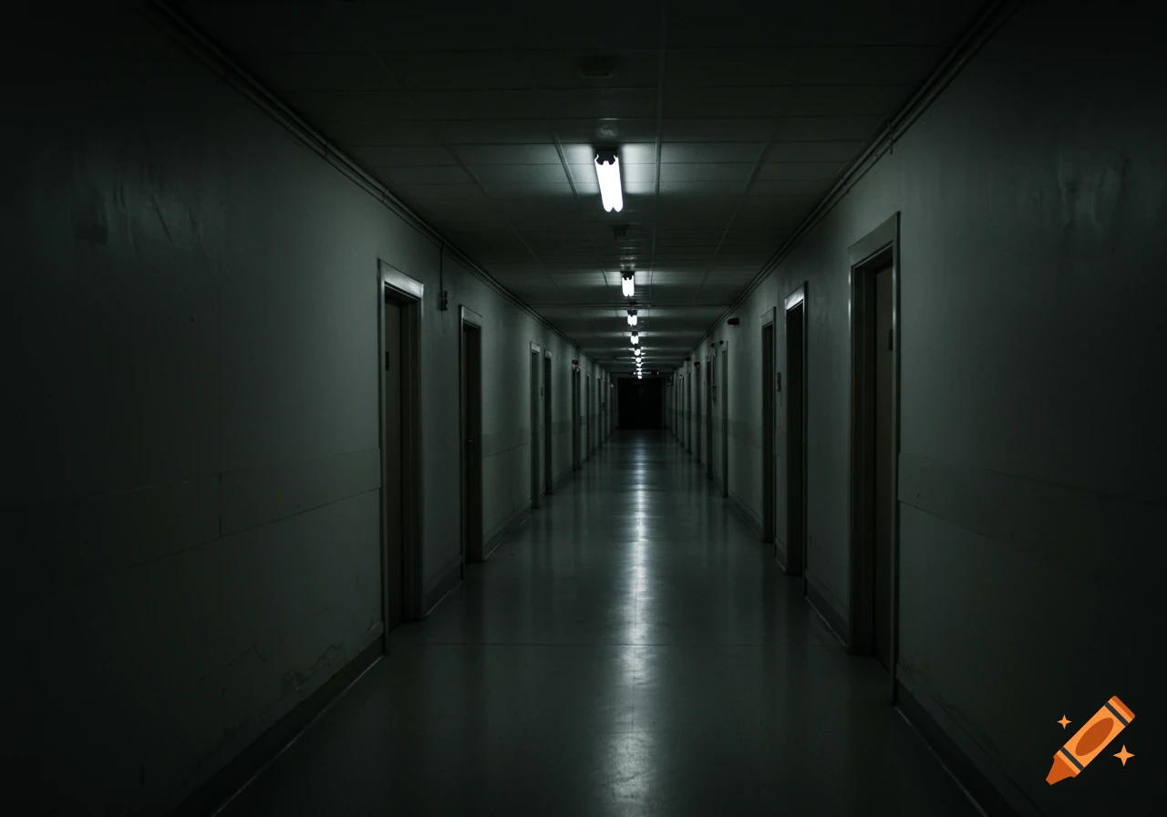 A long, dark, empty hallway with fluorescent lights stretching into the distance.