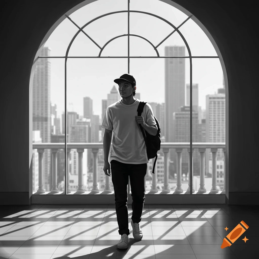 A man in a baseball cap walks in a black and white image, silhouetted against a large arched window with a city skyline view.