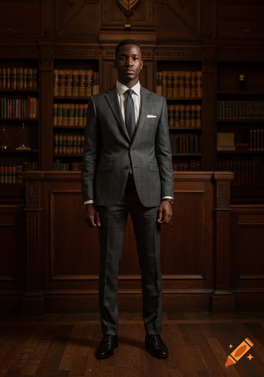 A young Black man in a grey suit stands in a photorealistic library with dark wooden bookshelves.