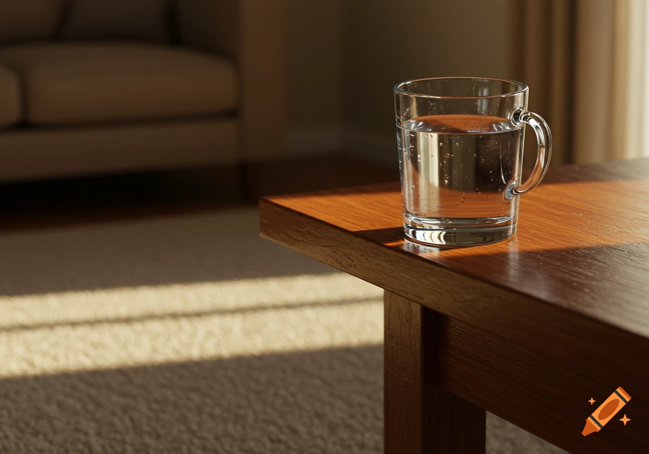 A clear glass of water with condensation droplets sits on the edge of a wooden table, illuminated by warm sunlight.