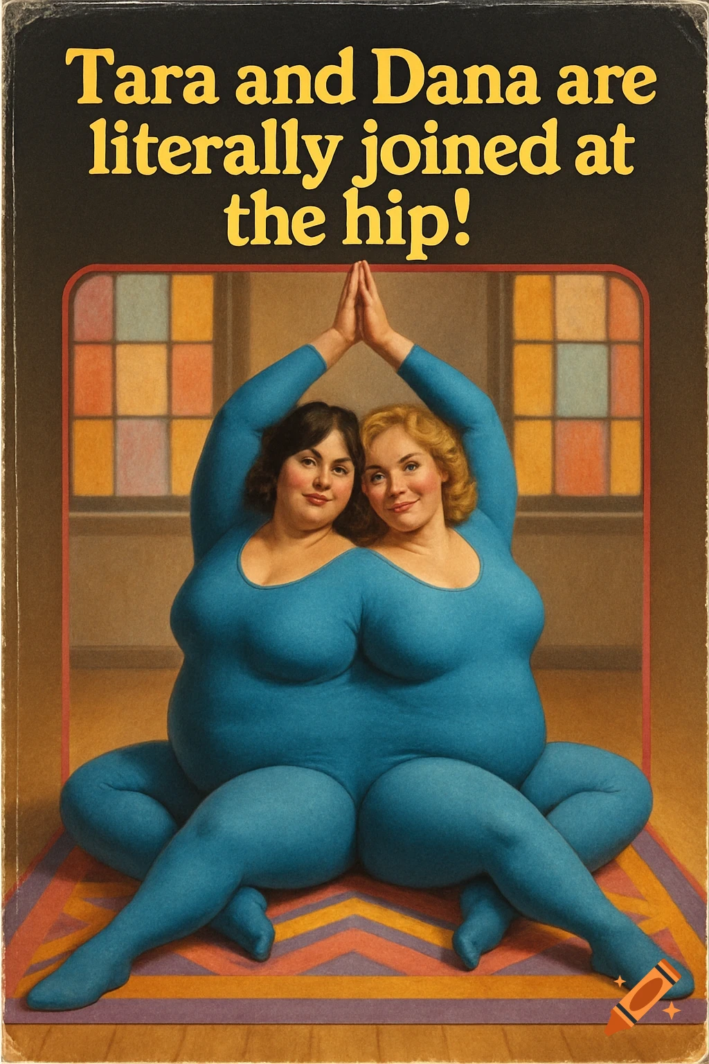 Two women in blue leotards, appearing to be 'joined at the hip,' pose on a yoga mat in a vintage illustration.