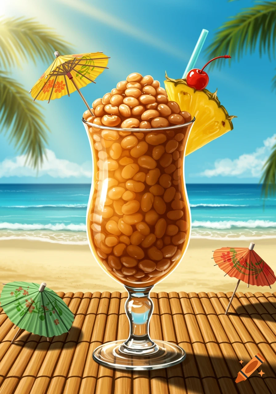 A cocktail glass filled with baked beans, garnished with pineapple, cherry, straw, and an umbrella, on a bamboo mat at a sunny beach.