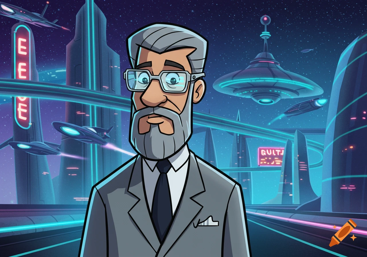 A cartoon businessman with a grey goatee and glasses in a futuristic city with flying vehicles, in the style of The Jetsons.