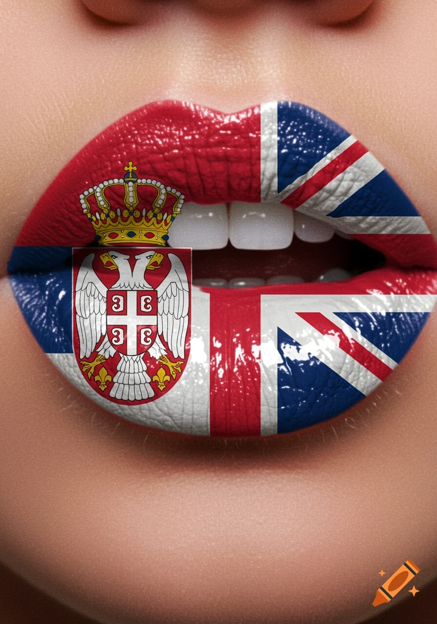 Close-up of a woman's lips painted with the flags of Serbia and the United Kingdom, split down the middle.