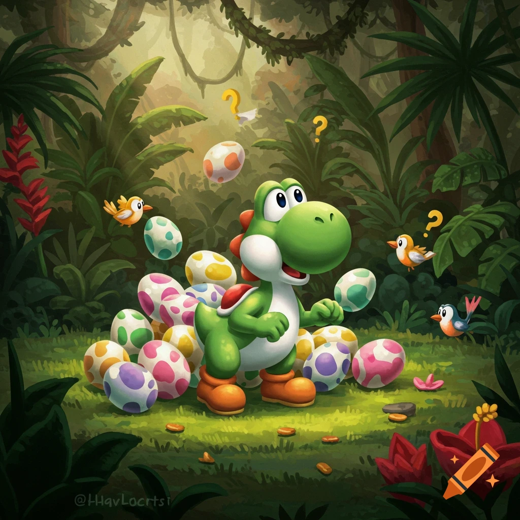 Yoshi, a green dinosaur, stands among many colorful eggs in a vibrant jungle with birds and question blocks, cartoon style.