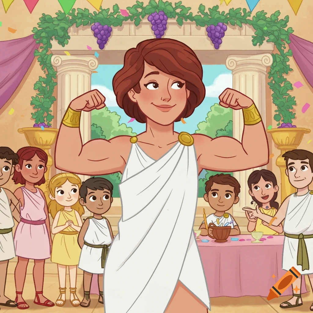 A cartoon woman in a white toga flexes her biceps at a festive toga party, with other cartoon people celebrating in the background.