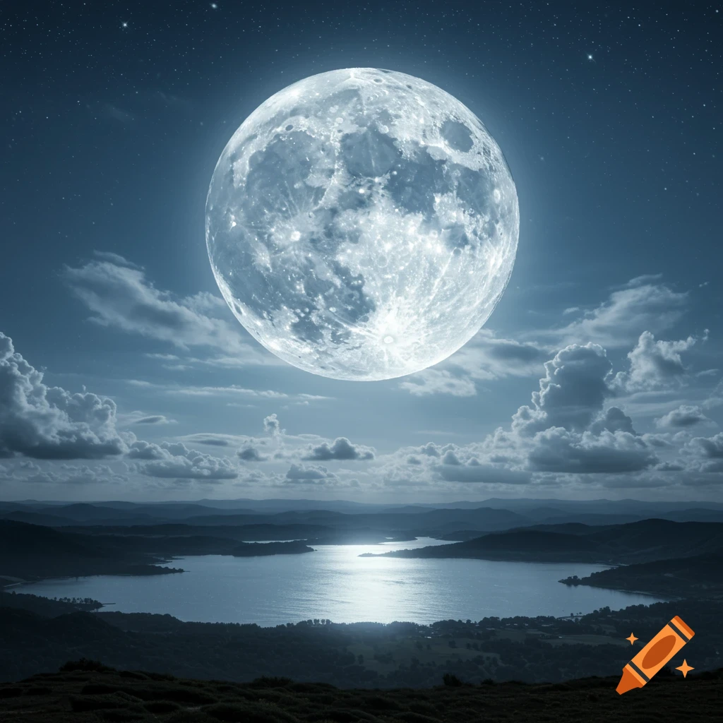 A photorealistic full moon illuminating a calm lake nestled between mountains under a cloudy night sky.