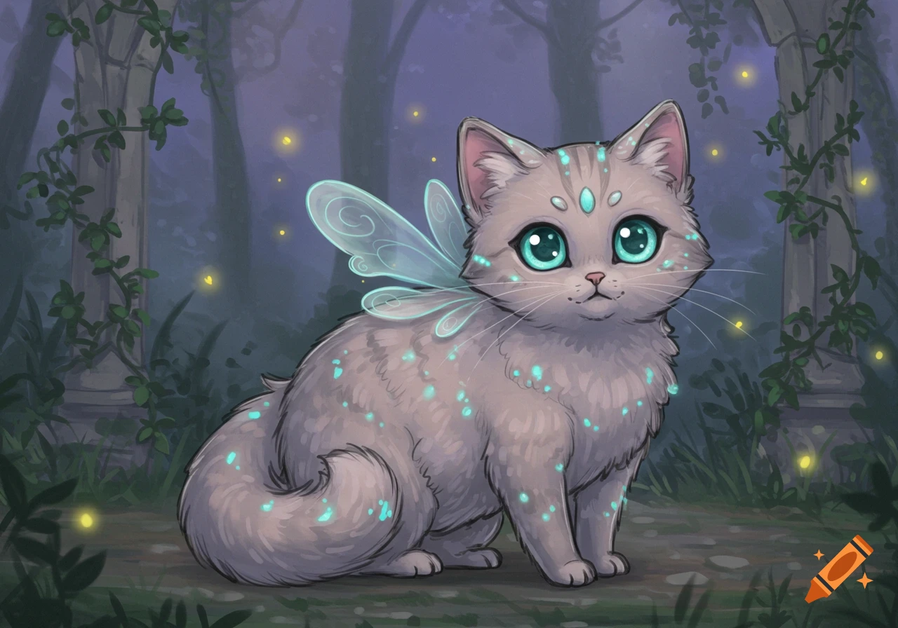 Cute gray mythical cat with glowing spots and fairy wings sitting in a mystical forest with fireflies.