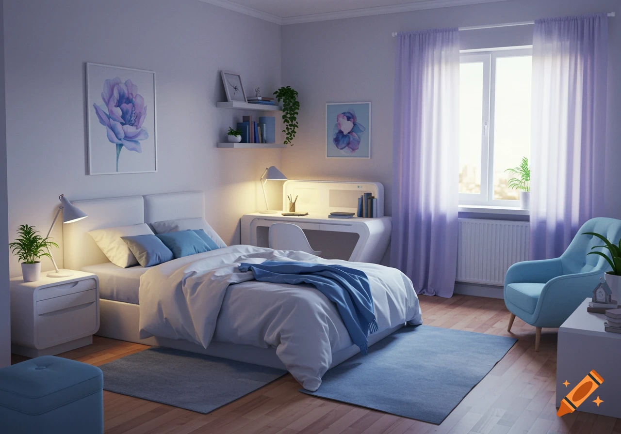 A modern bedroom with white walls, a bed with white and blue bedding, a desk, and a window with purple curtains.