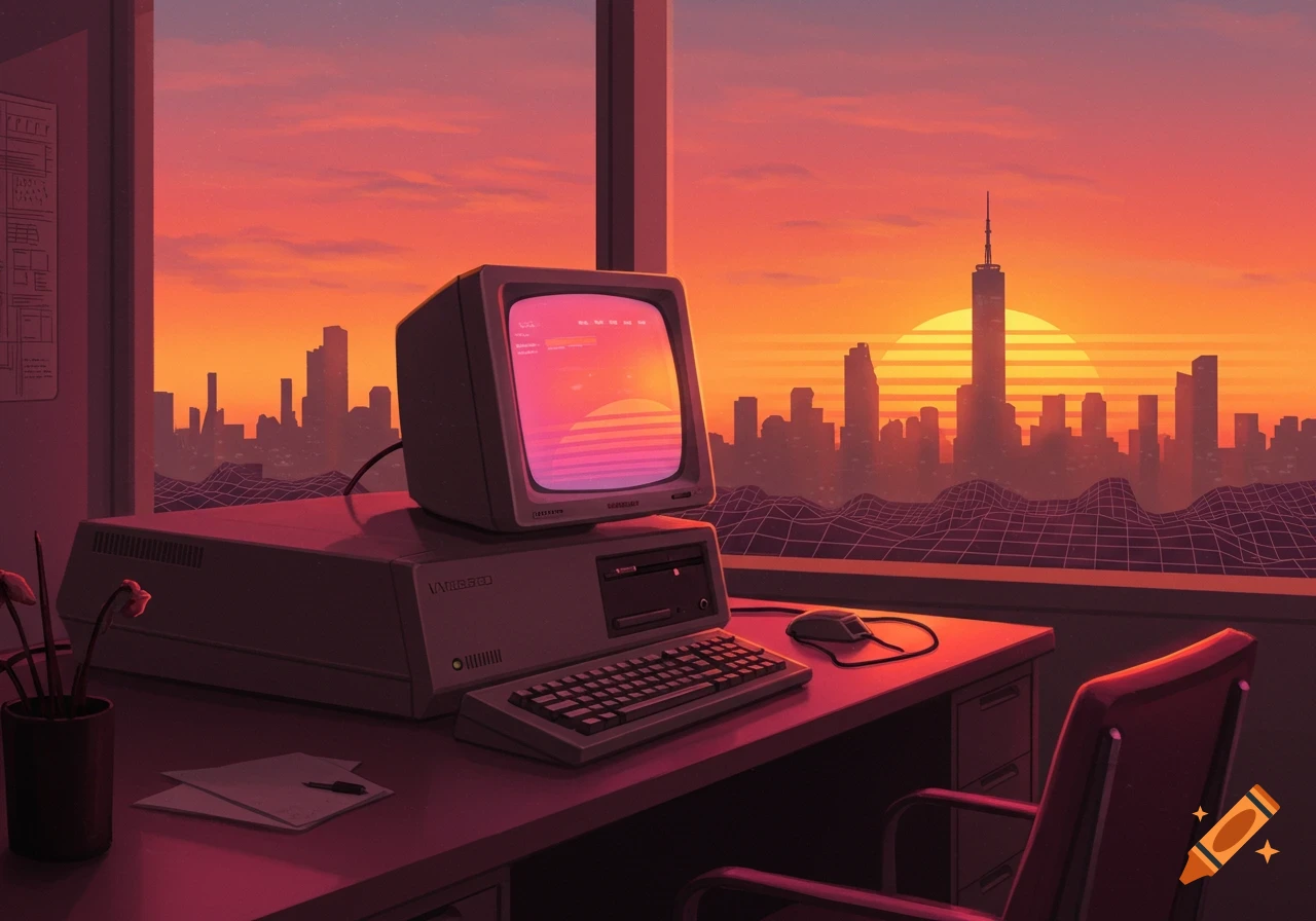 A vaporwave-style image of a vintage computer on a desk, overlooking a city skyline at sunset with a grid pattern.