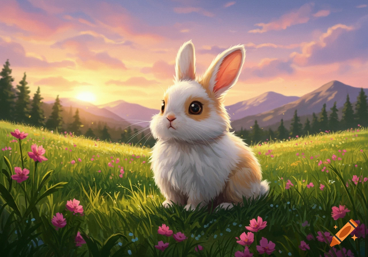 A fluffy white and orange rabbit sits in a vibrant green field with pink flowers. Mountains are in the background under a colorful sunset sky.
