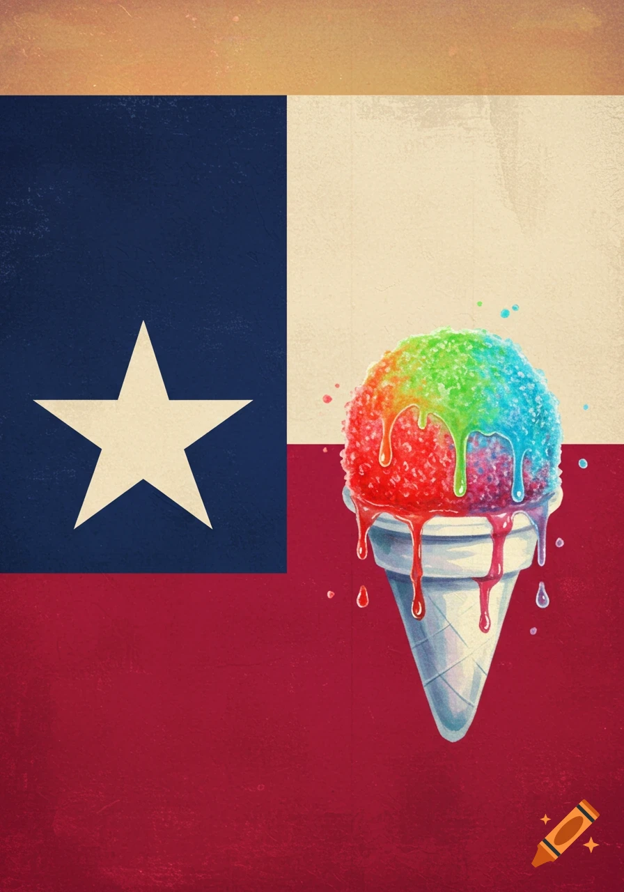 A vibrant, rainbow-colored snow cone melting over a white cone, set against a distressed Texas flag background.