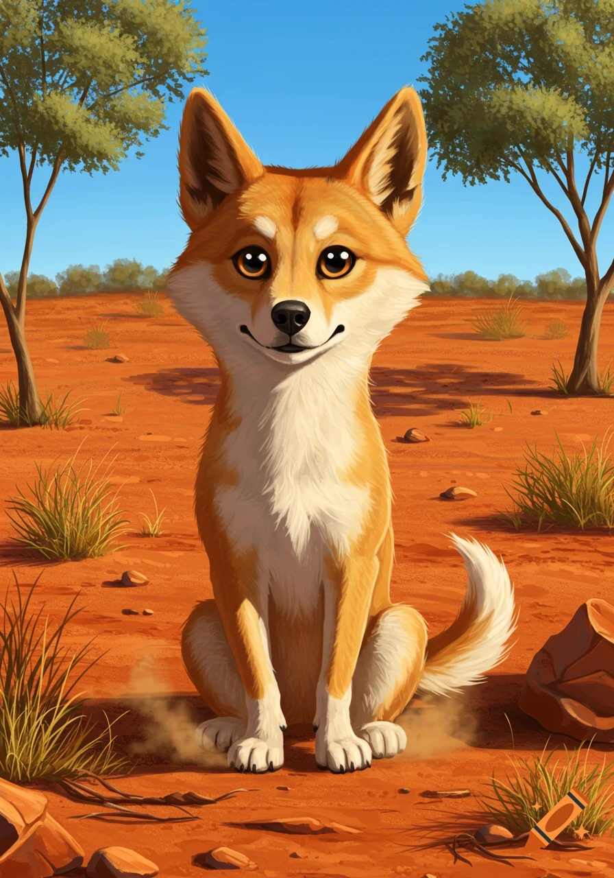 A cartoon dingo with a friendly expression sitting in a sunny, arid landscape with sparse trees and bushes.
