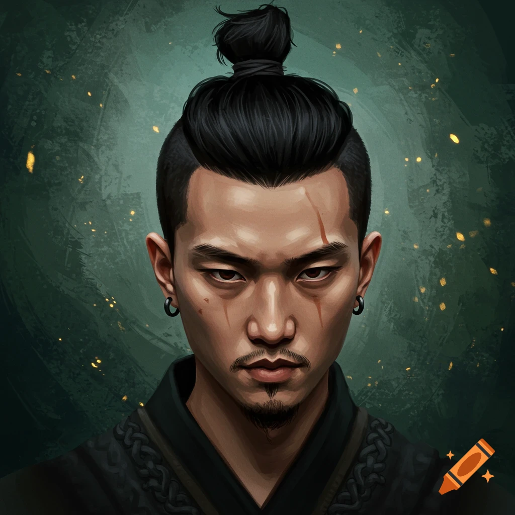 A stylized digital painting portrait of a stern Asian man with a top knot, shaved sides, goatee, and scars on his face.