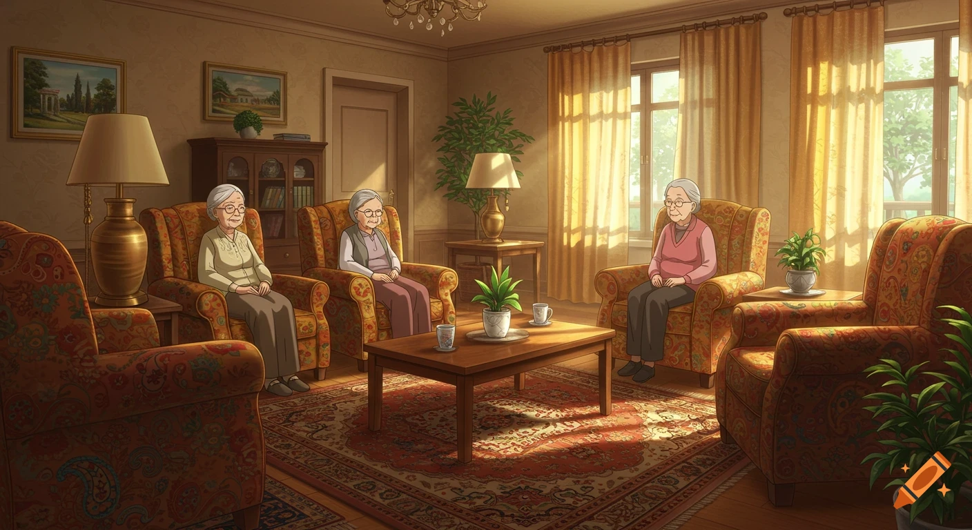 Three elderly women sit in ornate armchairs in a sunlit living room, featuring a large patterned rug and plants, in an anime style.