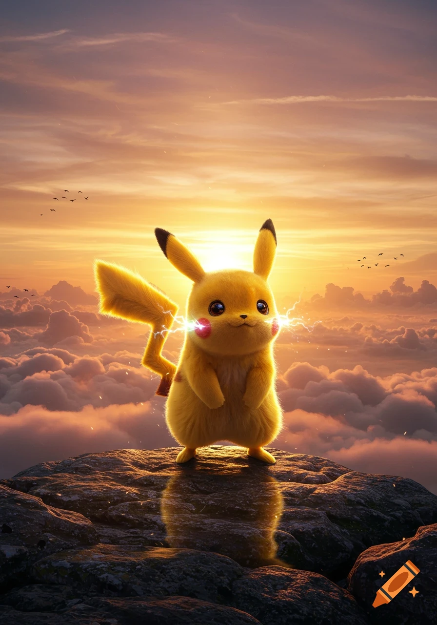 A fluffy Pikachu with glowing cheeks stands on a rock above clouds at sunset, emitting electricity. Photorealistic style.