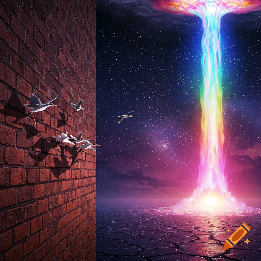 Surreal digital painting of birds walking on a brick wall next to a rainbow geyser erupting into a starry sky.