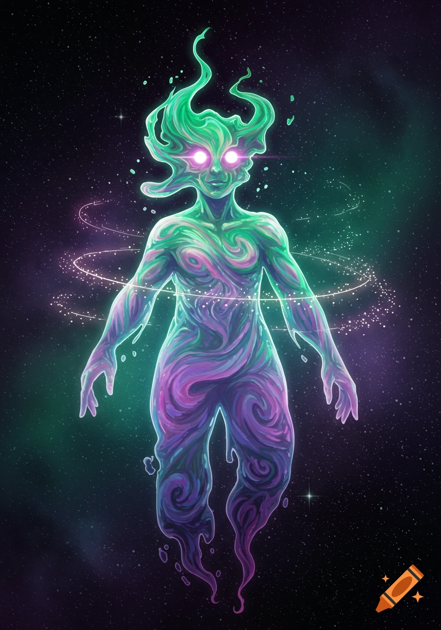 A glowing, abstract, humanoid figure with swirling green and purple patterns floats in a starry space.