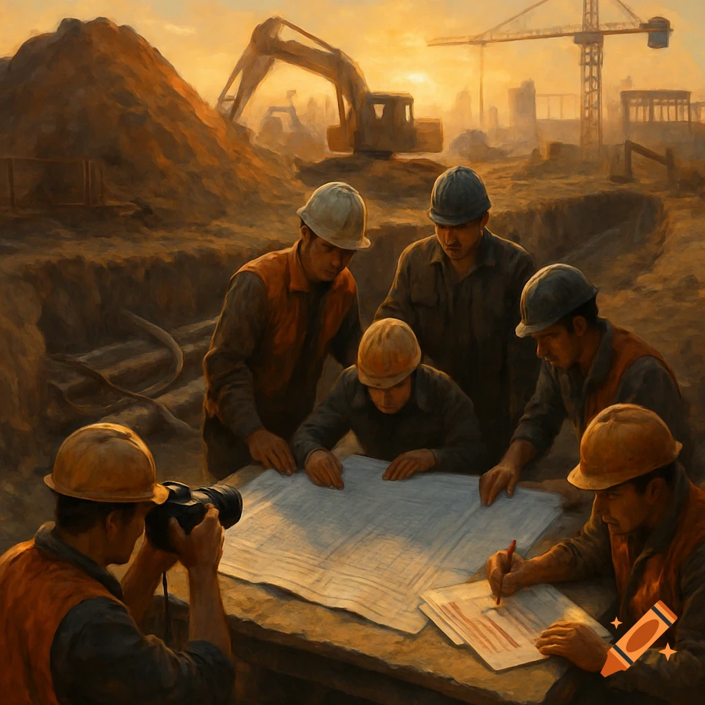 Construction workers in hard hats and vests review blueprints and documents on a table at a muddy construction site with heavy machinery and a crane under an orange sky.