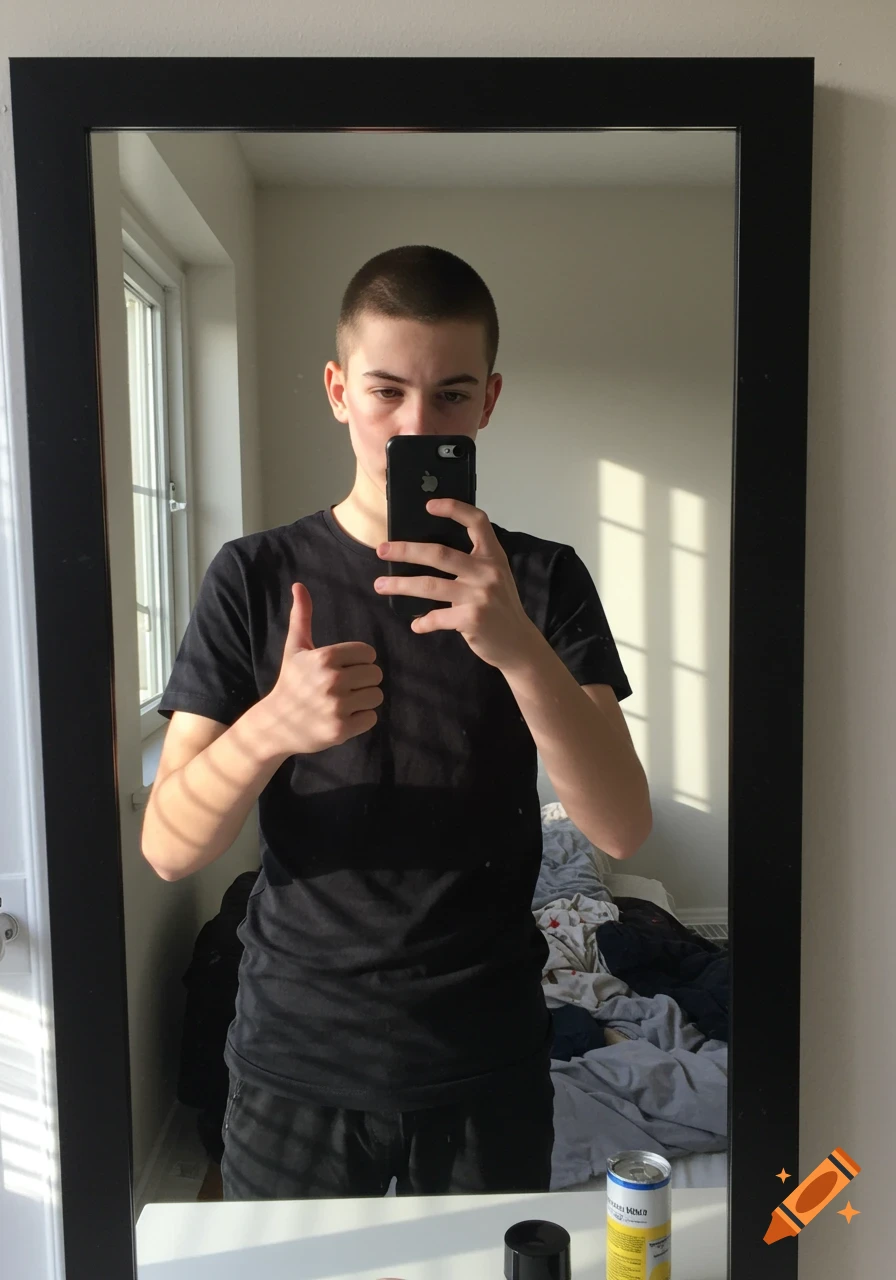 A young man with a buzzcut takes a mirror selfie, obscuring his face with a phone while giving a thumbs up.