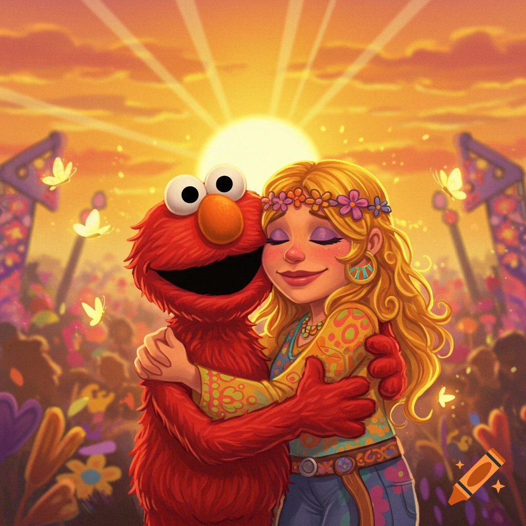 Elmo hugs a blonde woman with a flower crown, in a vibrant, sun-drenched cartoon style.