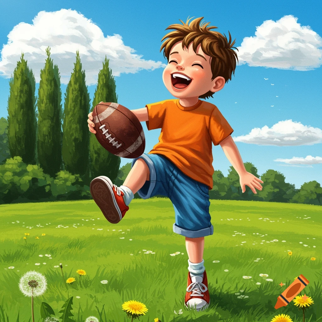 Cartoon illustration of a joyful young boy laughing and playing with a football in a sunny green field.