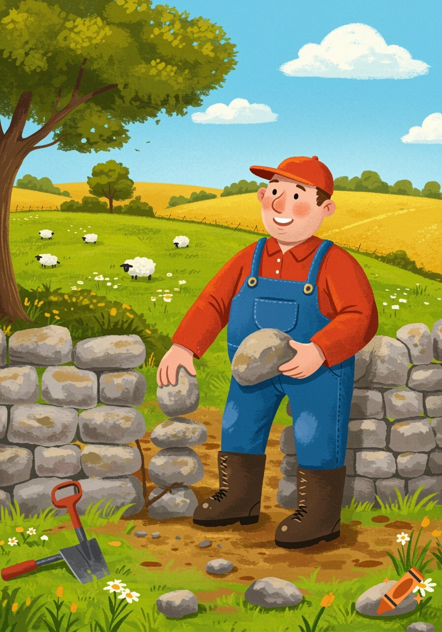 A smiling cartoon man in blue overalls and an orange cap builds a stone wall in a sunny green field with sheep.