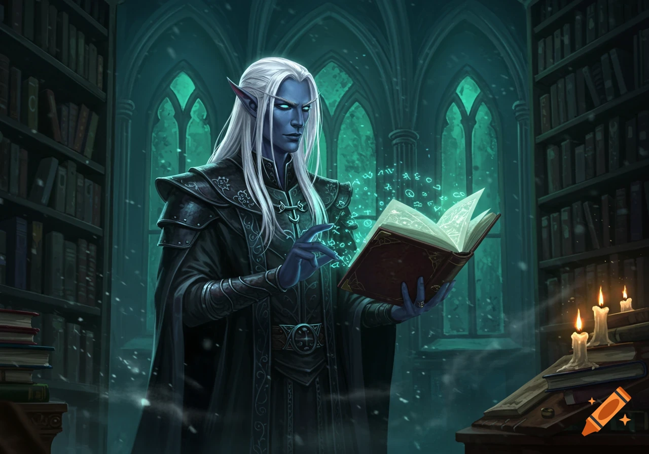 A white-haired blue-skinned drow male in dark robes reads a glowing magical book in a dimly lit library.