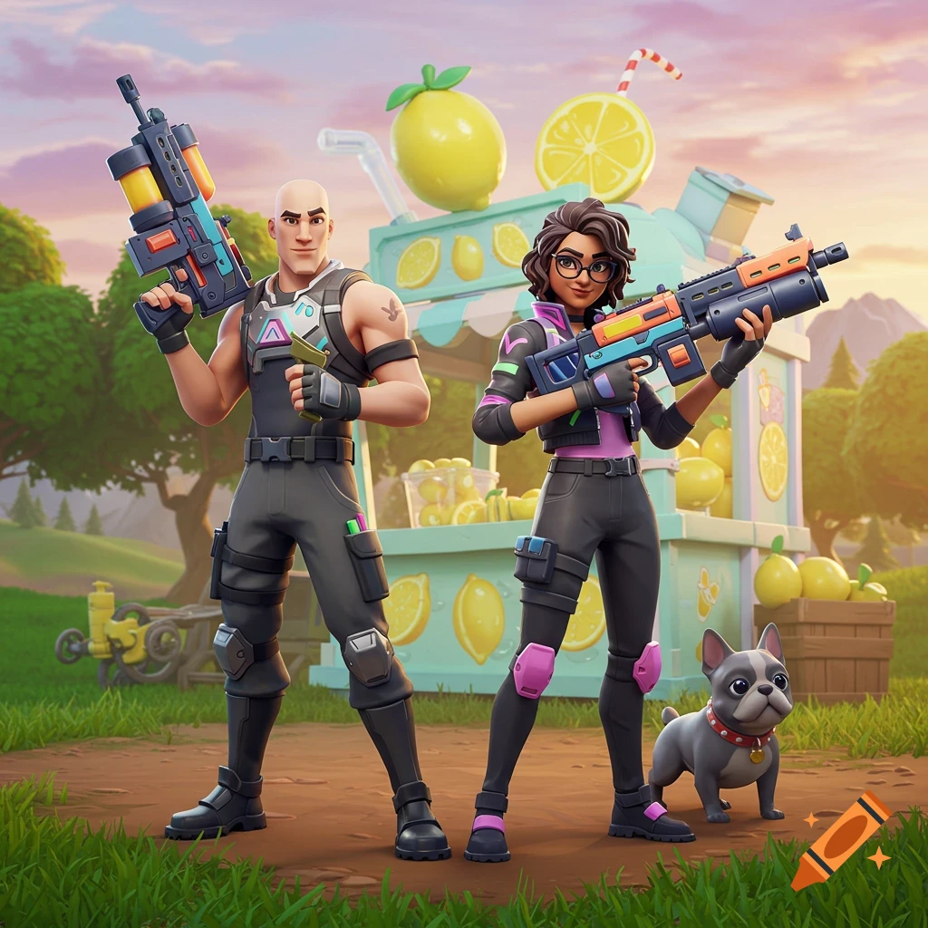 Fortnite cartoon of a bald man and a woman with glasses holding guns, with a gray French bulldog next to them and a lemonade stand in the background.